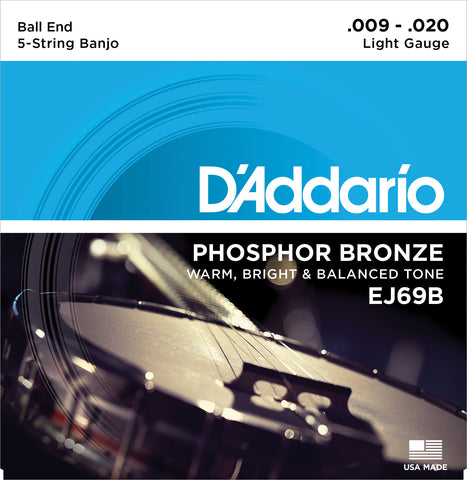 D'Addario EJ69B Banjo Strings, 5-String, Ball End, Light, Phosphor Bronze, 9-20