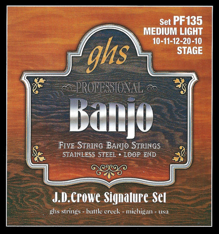 GHS PF135 Banjo Strings, 5-String, Medium Light, Stainless Steel, 10-20, JD Crowe Stage