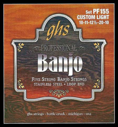 GHS PF155 Banjo Strings, 5-String, Custom Light, Stainless Steel, 10-20