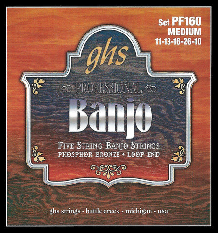 GHS PF160 Banjo Strings, 5-String, Medium, Phosphor Bronze, 11-26