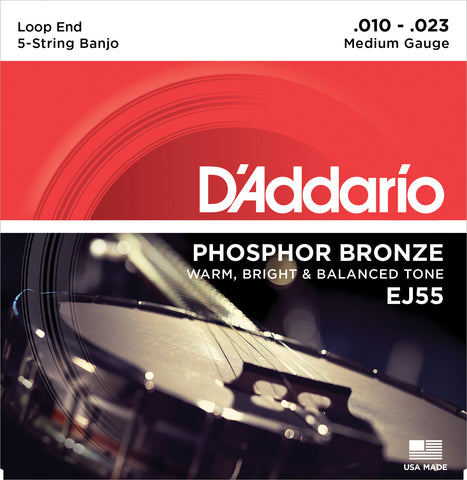 D'Addario EJ55 Banjo Strings, 5-String, Medium, Phosphor Bronze, 10-23