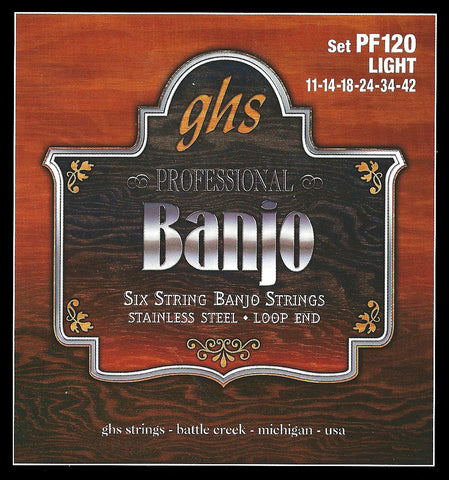 GHS PF120 Banjo Strings, 6-String, Light, Stainless Steel, 11-42