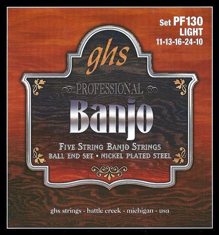GHS PF130 Banjo Strings, 5-String, Ball End, Light, Stainless Steel, 10-22