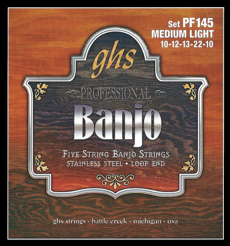 GHS PF145 Banjo Strings, 5-String, Medium Light, Stainless Steel, 10-22