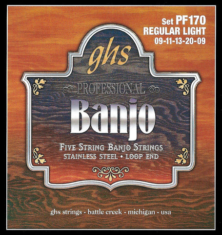 GHS PF170 Banjo Strings, 5-String, Regular Light, Stainless Steel, 9-20