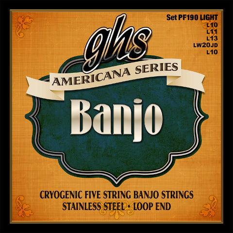 GHS PF190 Banjo Strings, 5-String, Light, Cryogenically Treated Stainless Steel, 10-20