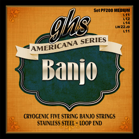 GHS PF200 Banjo Strings, 5-String, Medium, Cryogenically Treated Stainless Steel, 11-22